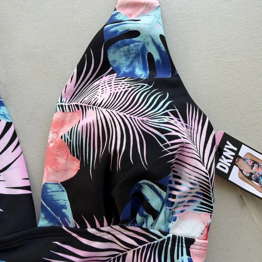 DKNY Women S Black Pink Blue Tropical Floral Halter One Piece Swimsuit Beach NWT - Picture 7 of 13